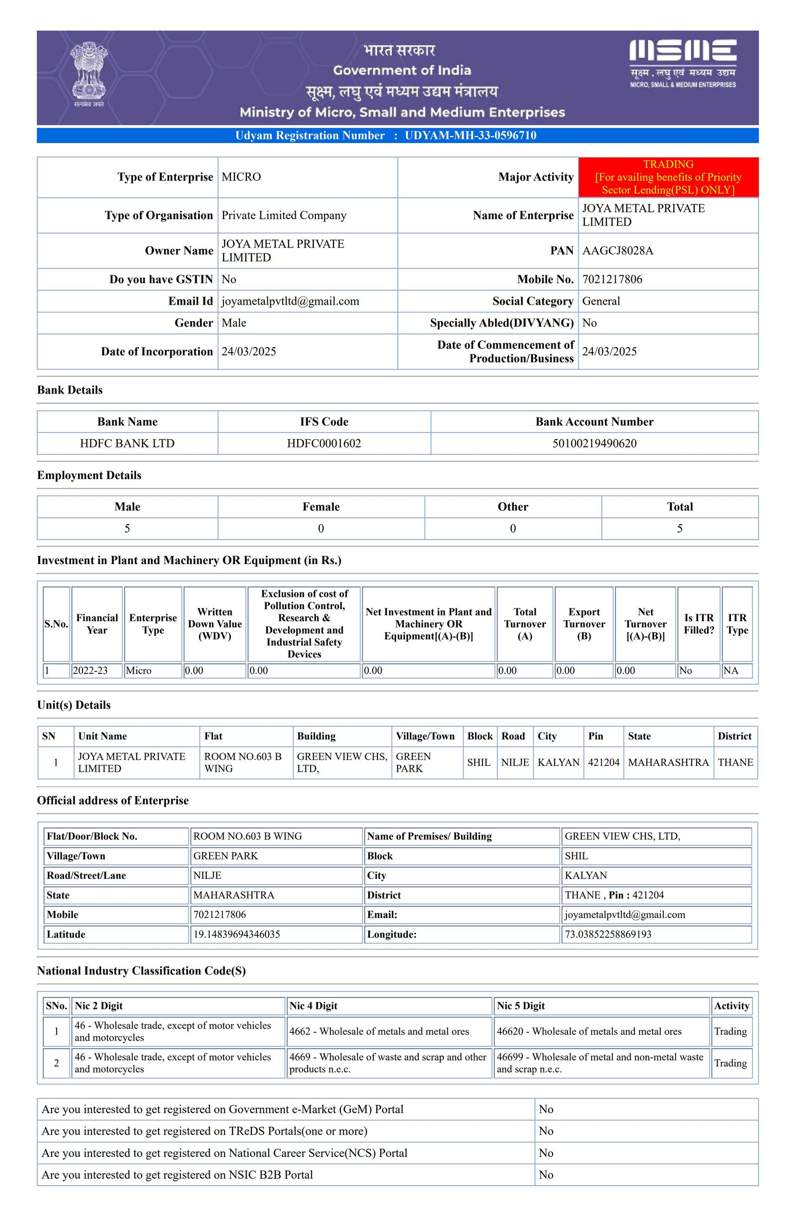 Udyam Registration Certificate